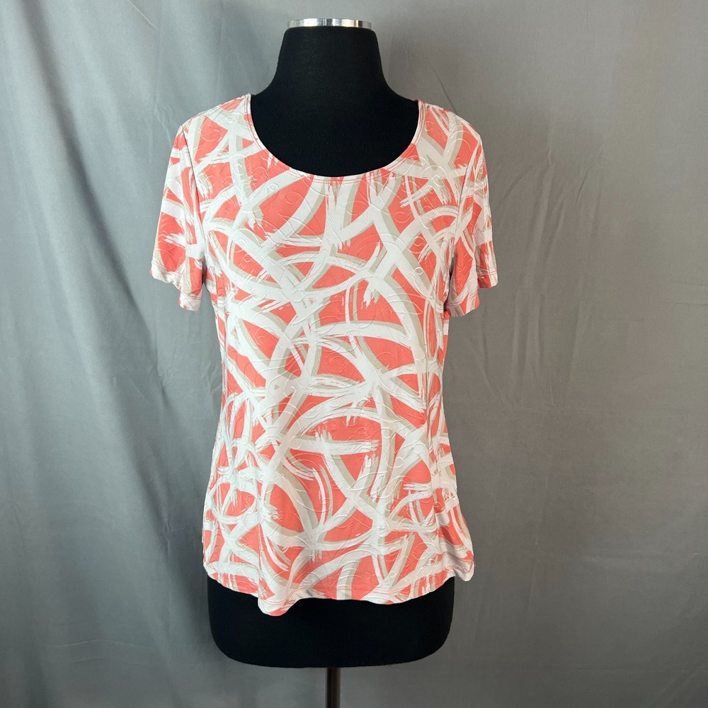 JM Collection T Shirt Womens M Petite Red White Geometric Embroidered Stretch
